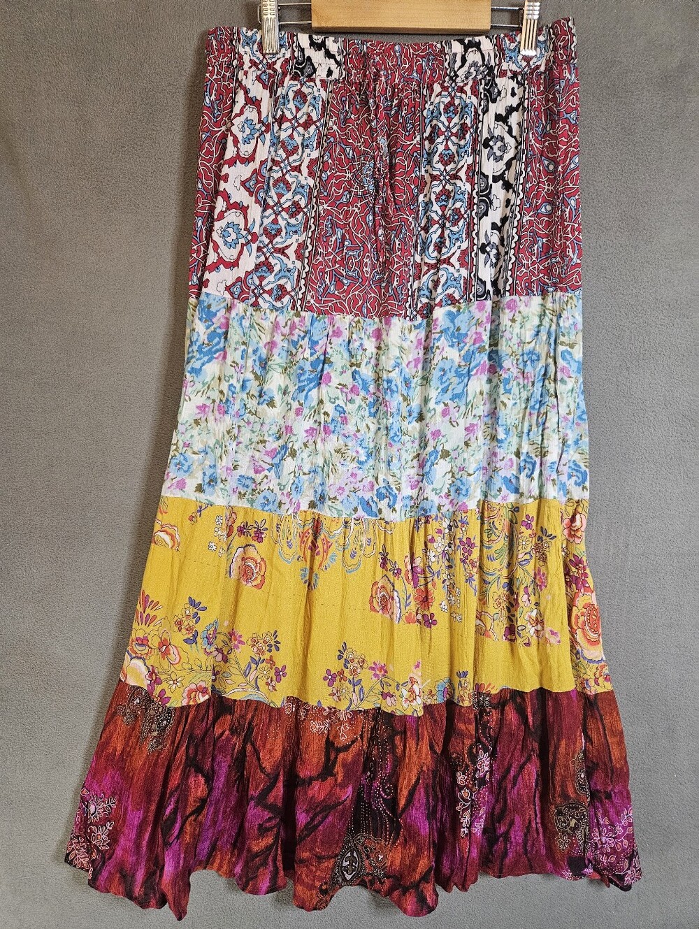 Jackpot Womens Maxi Skirt Patchwork Floral Prints Boho Teir Flowy Hippie OZ